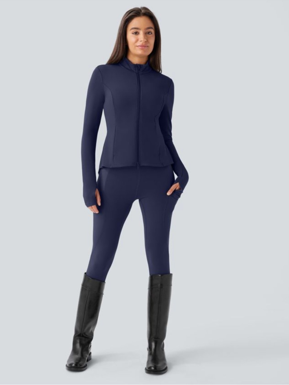 SoftlyZero™ Stand Collar Thumb Hole Pockets Pleated Zipper Slim Jacket  large